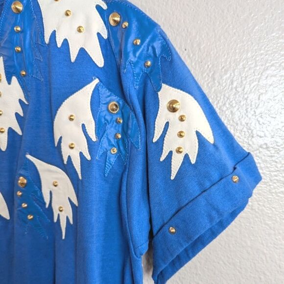 Phillip Noel blue white leather embellished studded vintage tunic T-shirt top OS - Picture 4 of 8
